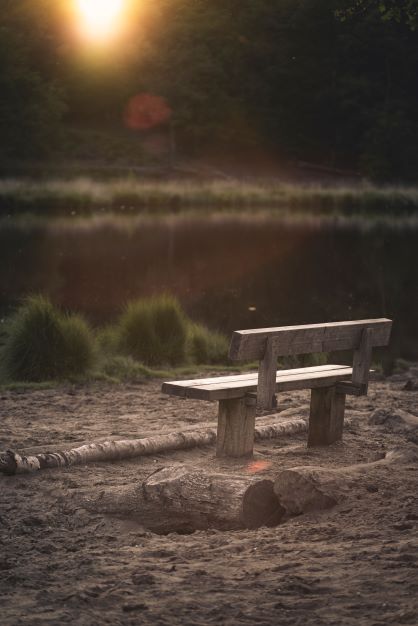 Empty bench near lake.
